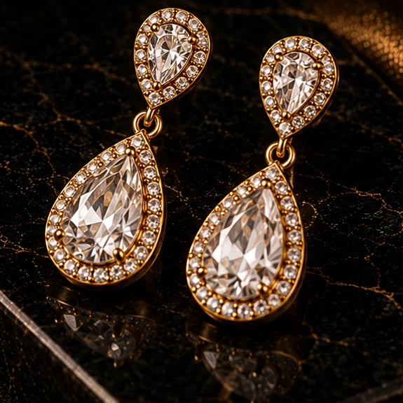 Vellery gold drop earrings with pave crystals on black marble-65