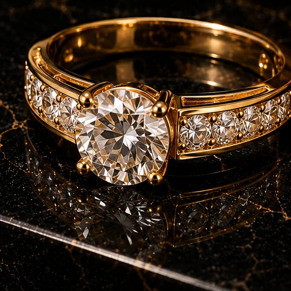 Vellery gold solitaire ring with pave band on black marble-97